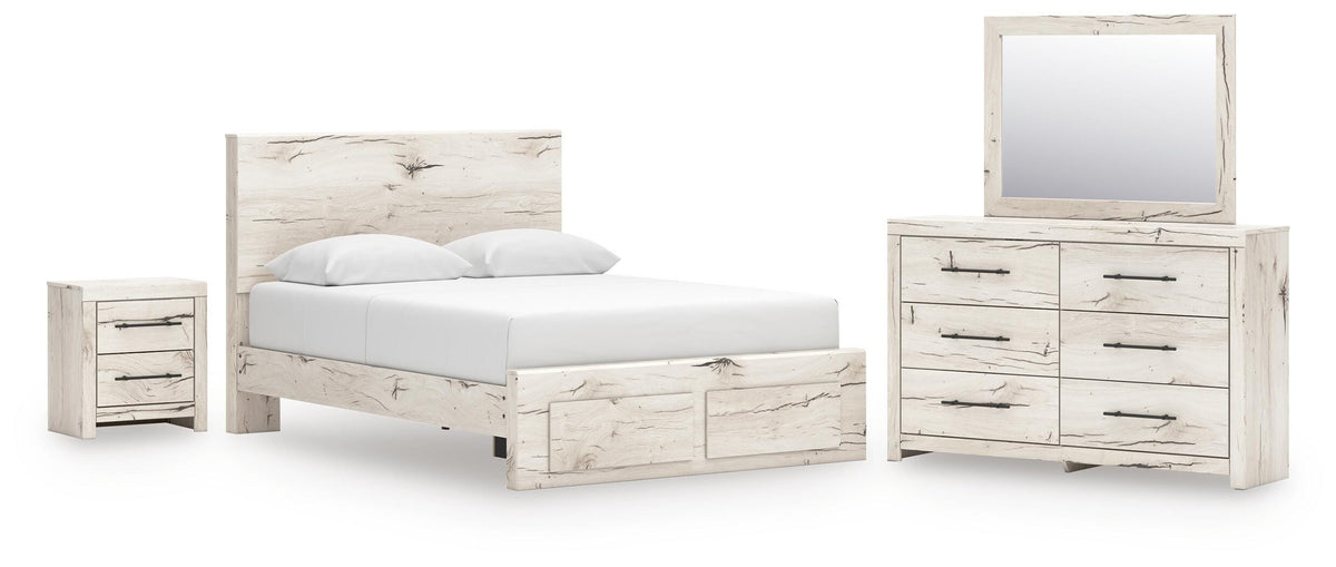 Lawroy Light Natural Panel Bedroom Set — 2-Drawer Footboard Storage — Queen / 4: Bed, Dresser, Mirror, Nightstand