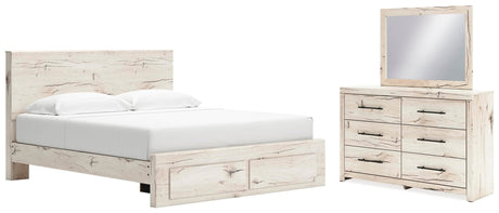 Lawroy Light Natural Panel Bedroom Set — 2-Drawer Footboard Storage — King / 3: Bed, Dresser, Mirror