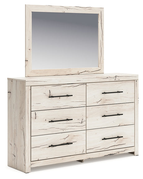 Lawroy dresser and mirror set angled view showing drawers