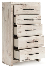 Open drawer of Lawroy chest showing faux linen interior finish