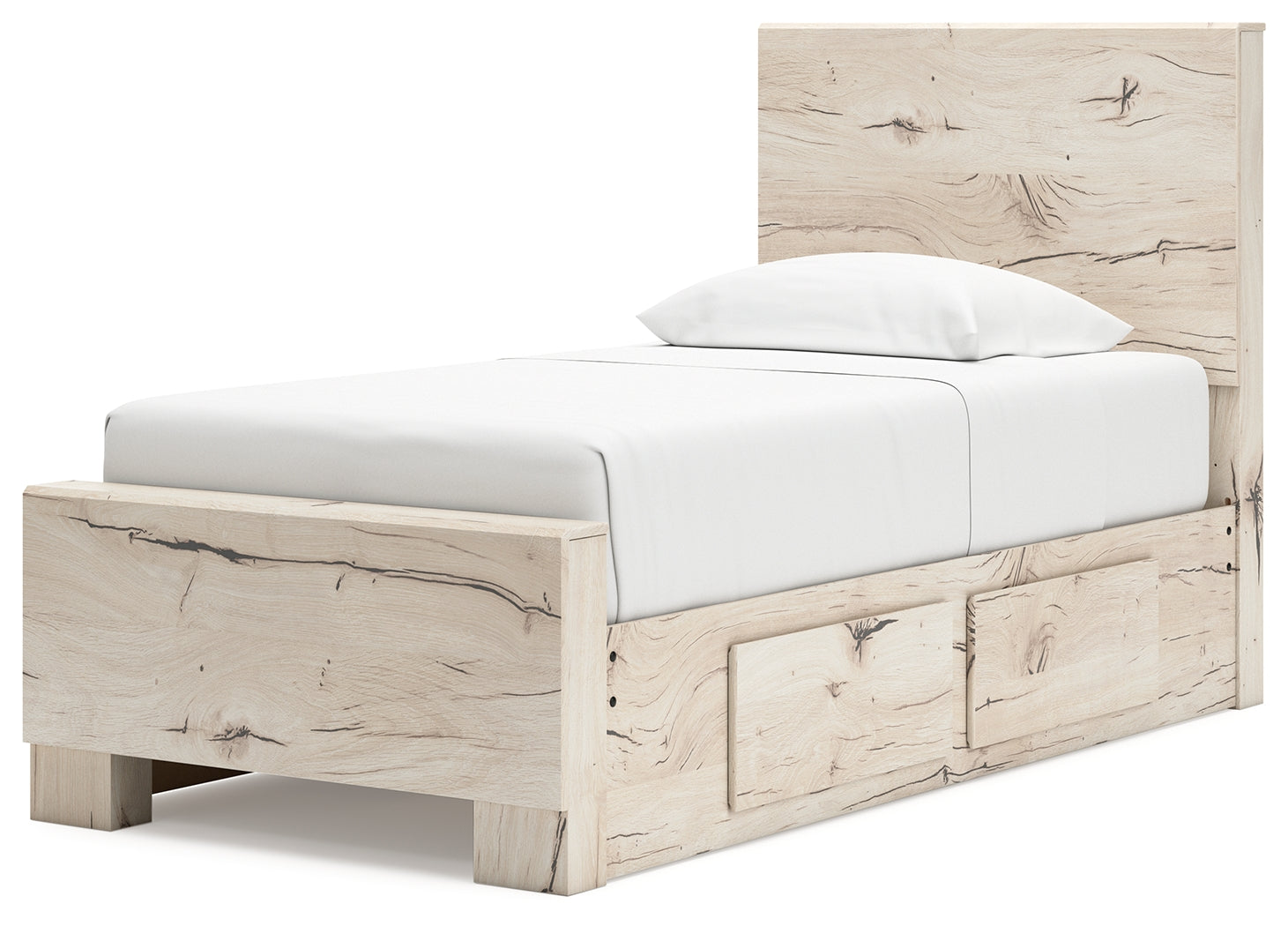 Full view of Lawroy twin bed with storage drawers closed