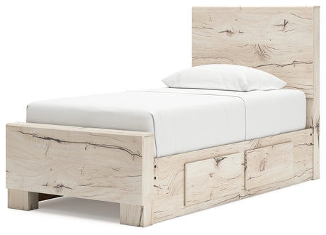 Full view of Lawroy twin bed with storage drawers closed