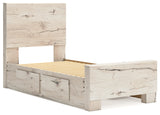 Lawroy twin panel bed in light natural finish with storage drawers