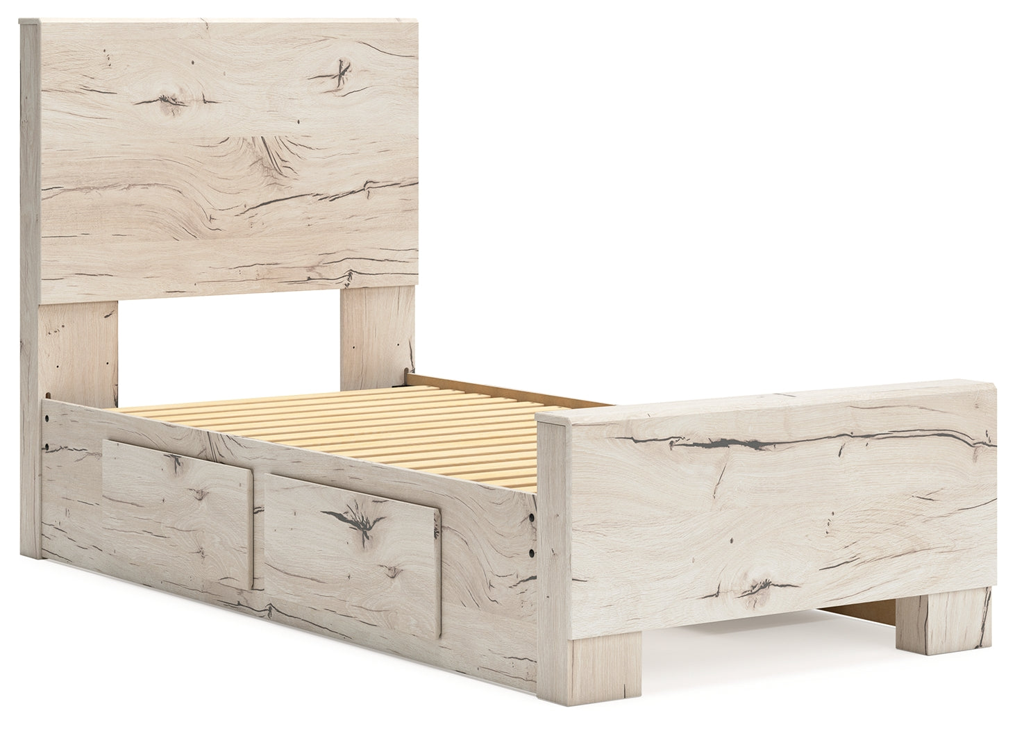 Lawroy twin panel bed in light natural finish with storage drawers