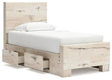 Headboard close-up of Lawroy twin bed with rustic light natural finish