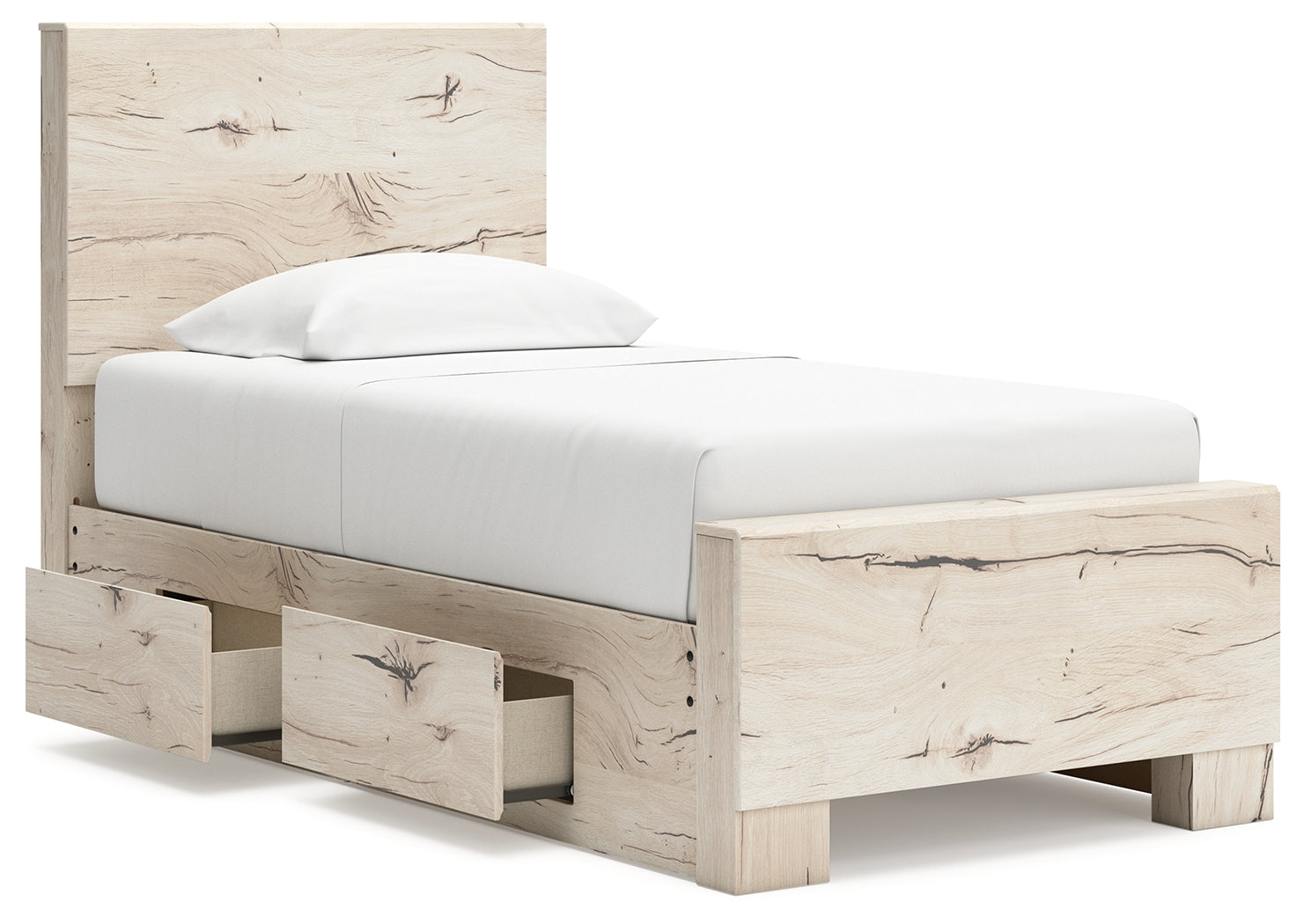 Headboard close-up of Lawroy twin bed with rustic light natural finish