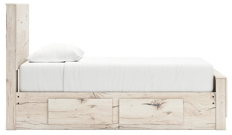 Lawroy twin panel bed in light natural finish with storage drawers