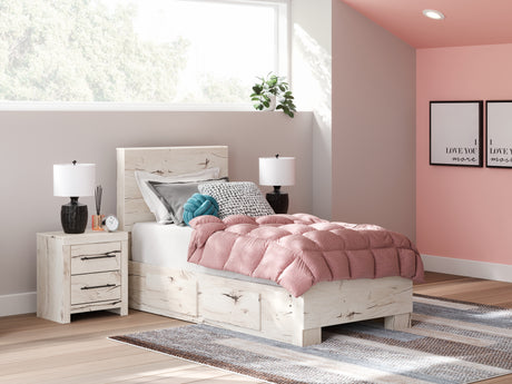Side angle of Lawroy twin bed showing panel footboard and drawers