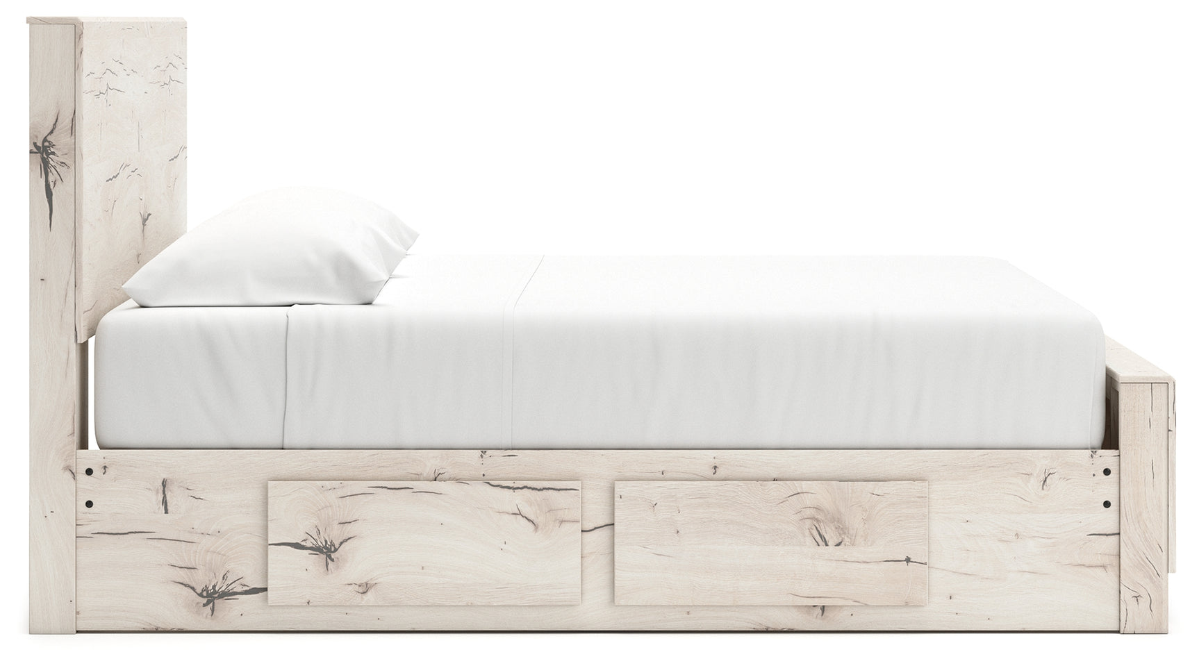 Four storage drawers closed on Lawroy king bed
