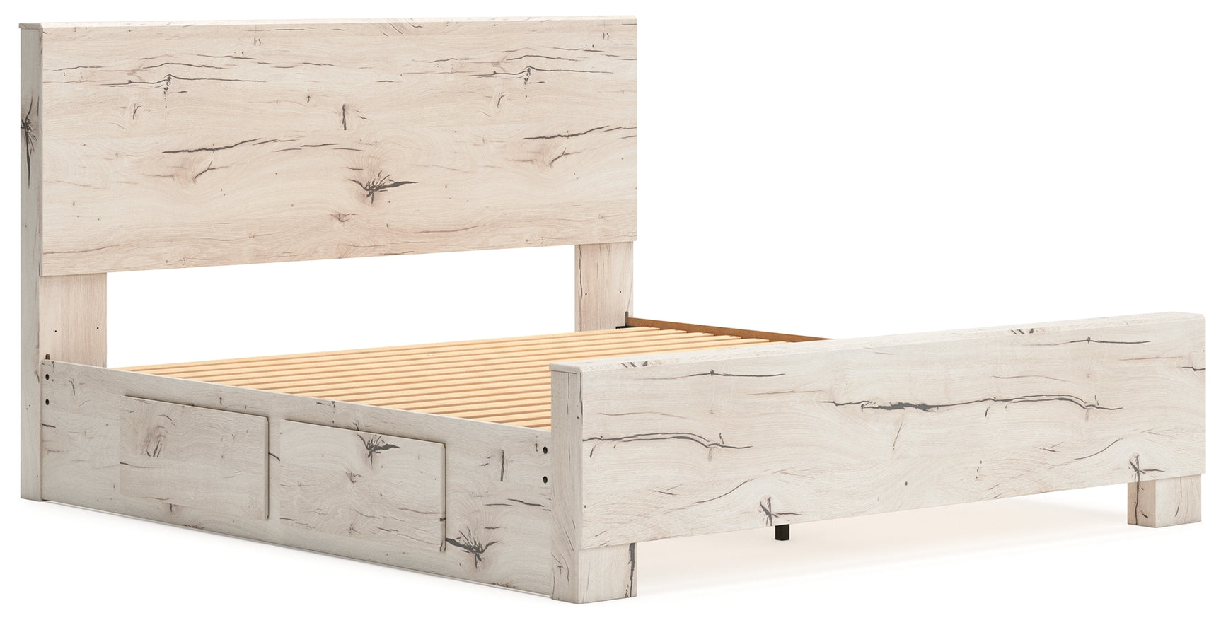 Lawroy Light Natural King Panel Bed with Storage, front view in rustic white finish