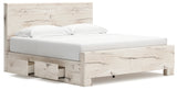Lawroy Light Natural King Panel Bed with Storage, front view in rustic white finish