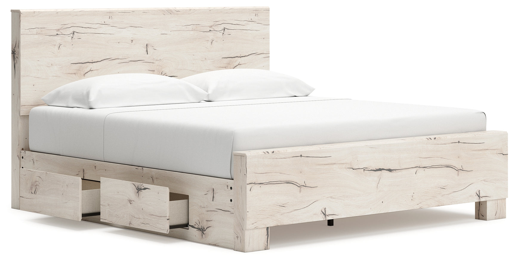 Lawroy Light Natural King Panel Bed with Storage, front view in rustic white finish