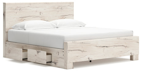 Lawroy Light Natural King Panel Bed with Storage, front view in rustic white finish