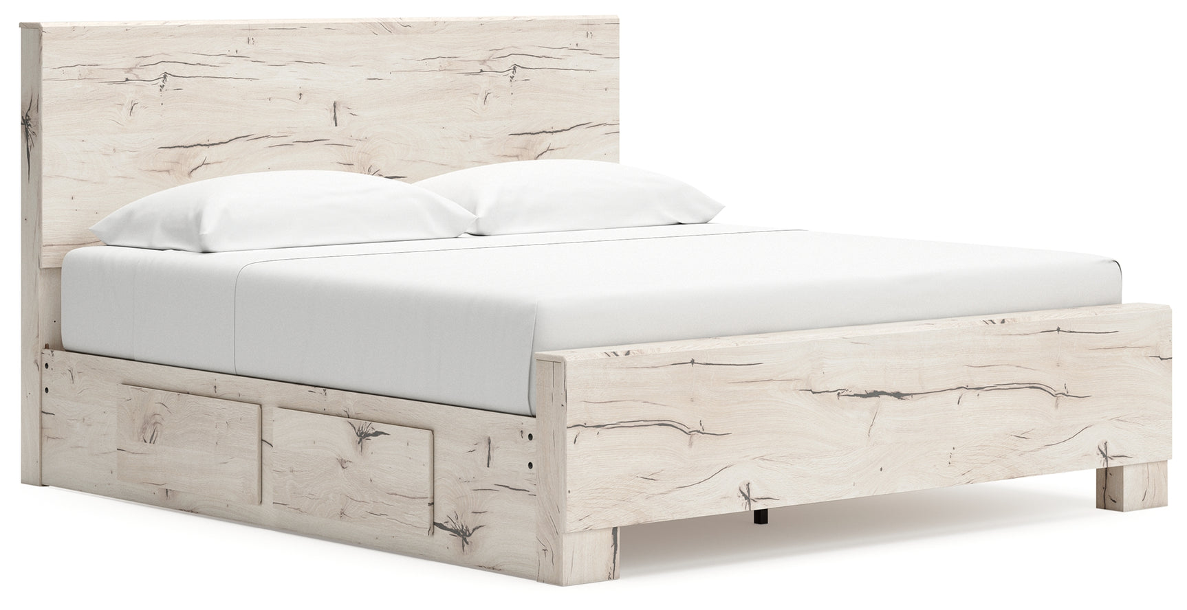 Lawroy Light Natural King Panel Bed with Storage, front view in rustic white finish