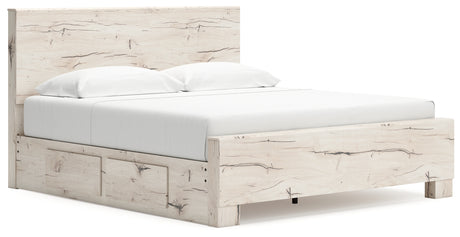 Lawroy Light Natural King Panel Bed with Storage, front view in rustic white finish