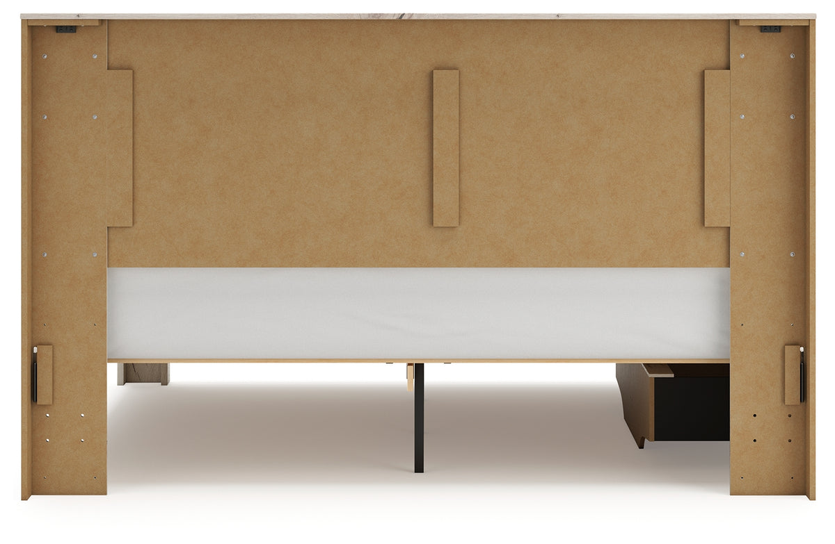 Lawroy Light Natural King Panel Bed with Storage, front view in rustic white finish