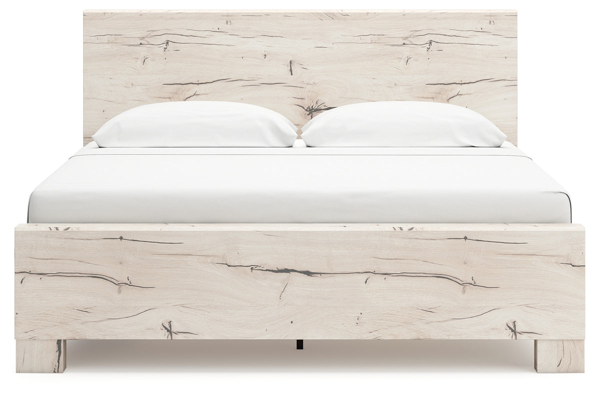 Lawroy Light Natural King Panel Bed with Storage, front view in rustic white finish