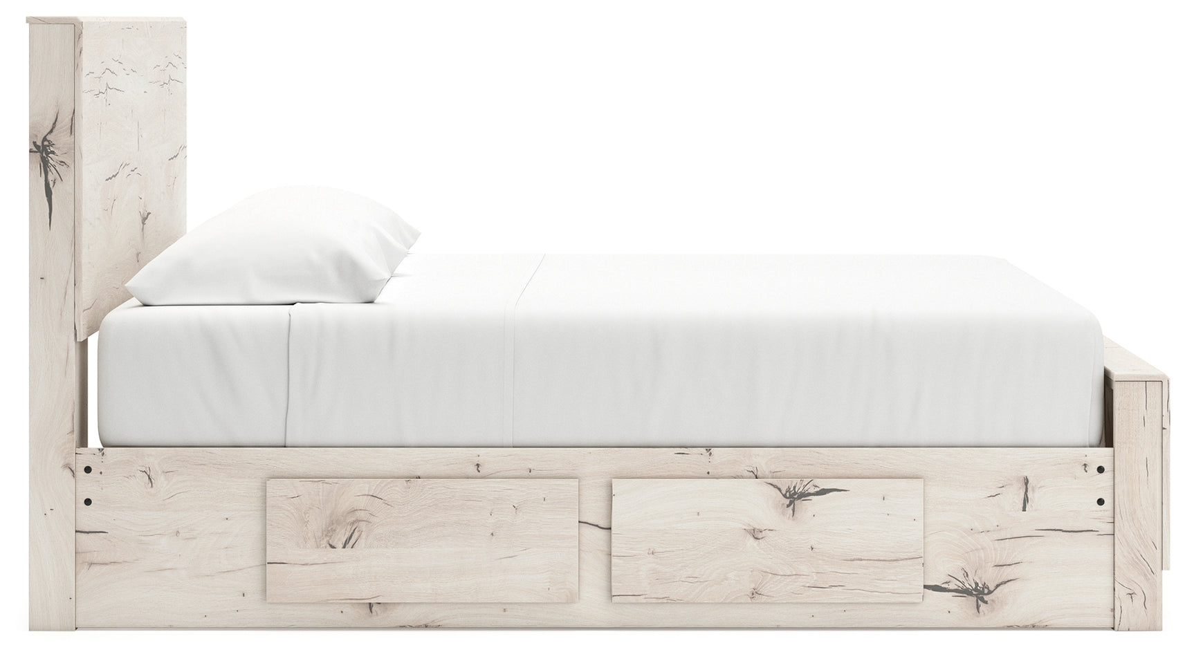 Lawroy Light Natural King Panel Bed with Storage, front view in rustic white finish