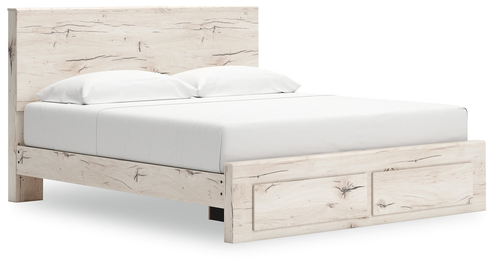 Storage drawers open on Lawroy king panel bed