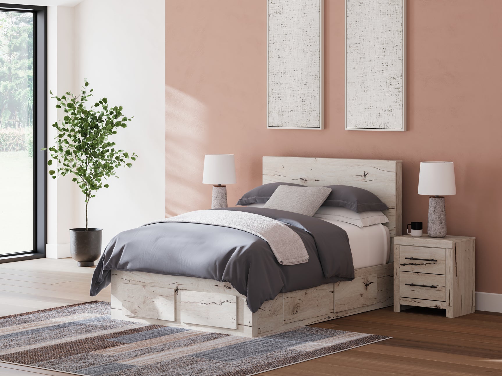 Lawroy Light Natural Full Panel Storage Bed in light natural oak finish