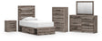 Graystorm Brown Gray Panel Bedroom Set — 4-Drawer Under-Bed Storage — Twin / 5: Bed, Dresser, Mirror, Nightstand, Chest