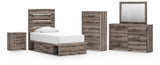 Graystorm Brown Gray Panel Bedroom Set — 4-Drawer Under-Bed Storage — Twin / 5: Bed, Dresser, Mirror, Nightstand, Chest