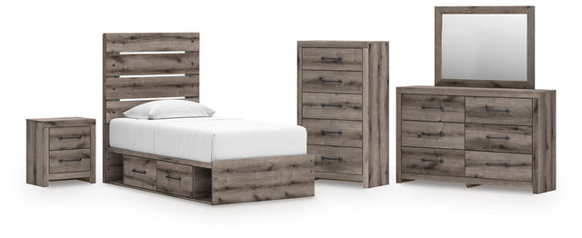 Graystorm Brown Gray Panel Bedroom Set — 4-Drawer Under-Bed Storage — Twin / 5: Bed, Dresser, Mirror, Nightstand, Chest