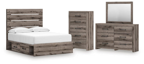 Graystorm Brown Gray Panel Bedroom Set — 4-Drawer Under-Bed Storage — Full / 4: Bed, Dresser, Mirror, Chest