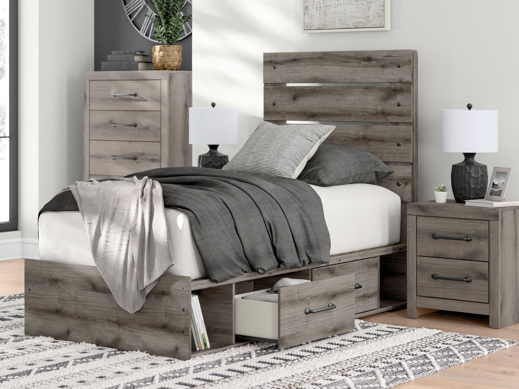 Graystorm Twin Panel Bed styled in industrial bedroom