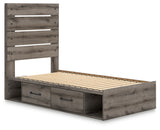 Graystorm twin panel storage bed drawers open showing storage space