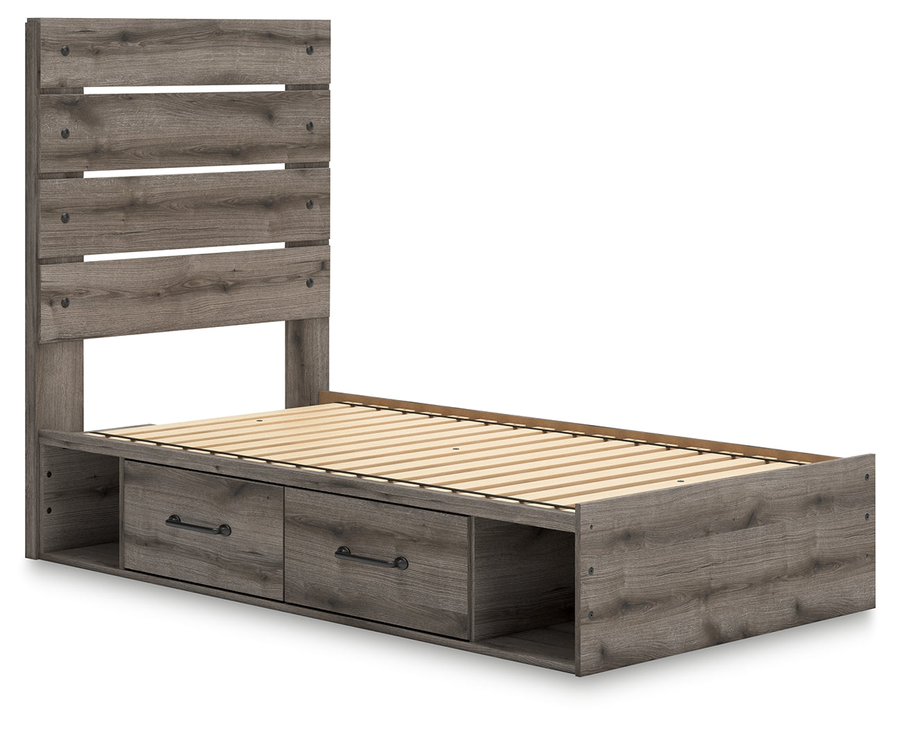 Graystorm twin panel storage bed drawers open showing storage space