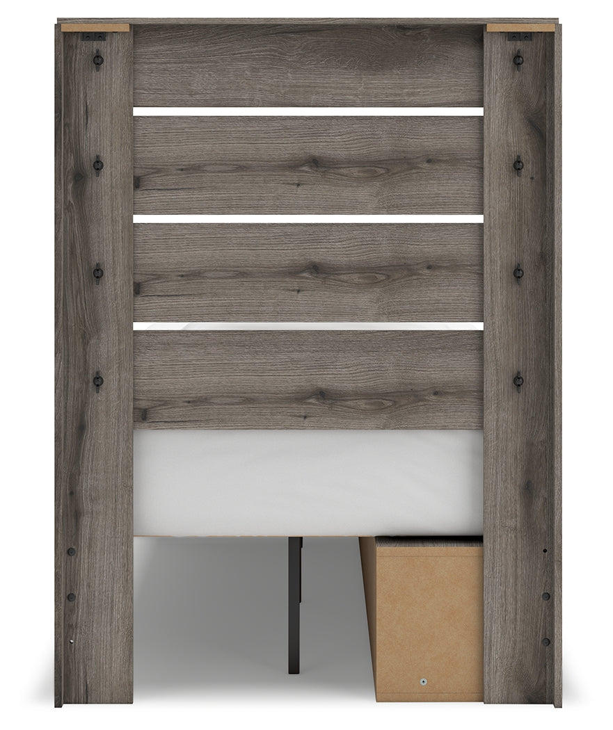 Graystorm twin panel storage bed corner detail showing laminate finish