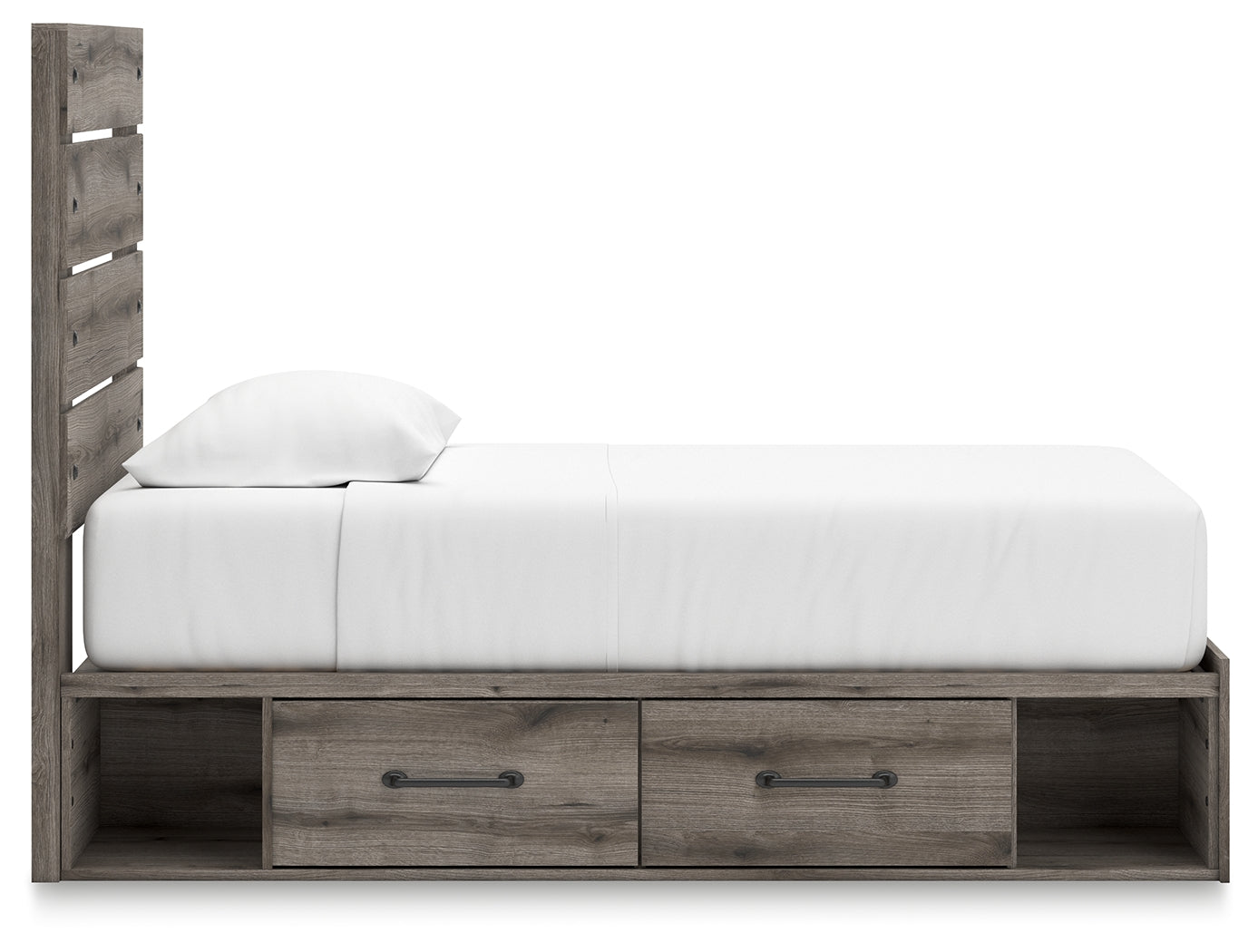 Graystorm twin panel storage bed full view from side