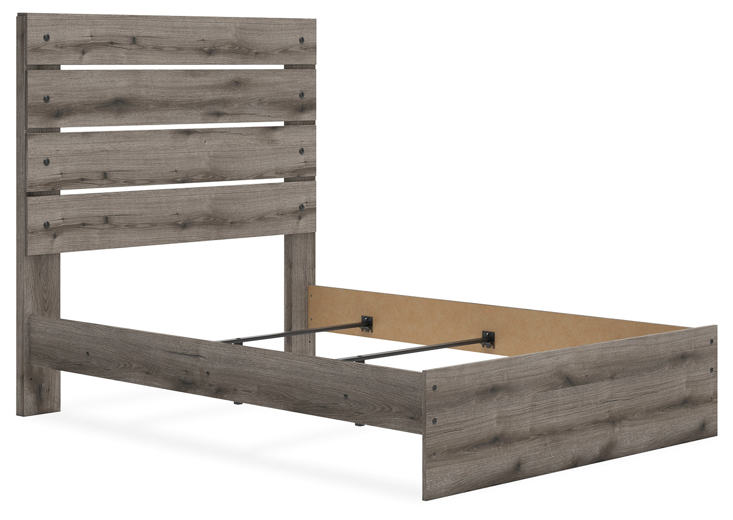 Weathered gray slatted headboard detail