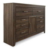 Detail of aged brown rough sawn finish and replicated oak grain