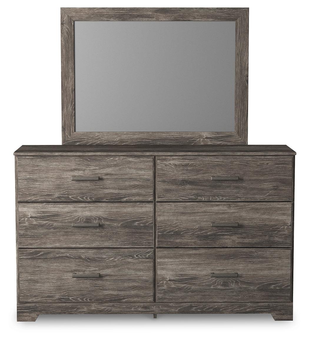 Ralinksi Gray 6-Drawer Dresser with attached beveled mirror, front view