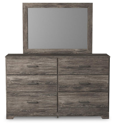Ralinksi Gray 6-Drawer Dresser with attached beveled mirror, front view