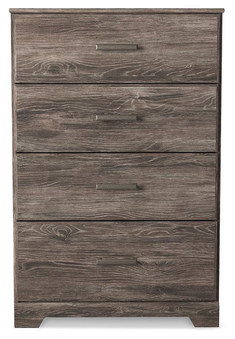 Ralinksi Gray Chest of Drawers, front view showing four drawers