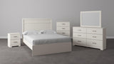 Angled side view of Stelsie White Dresser showing drawers and mirror