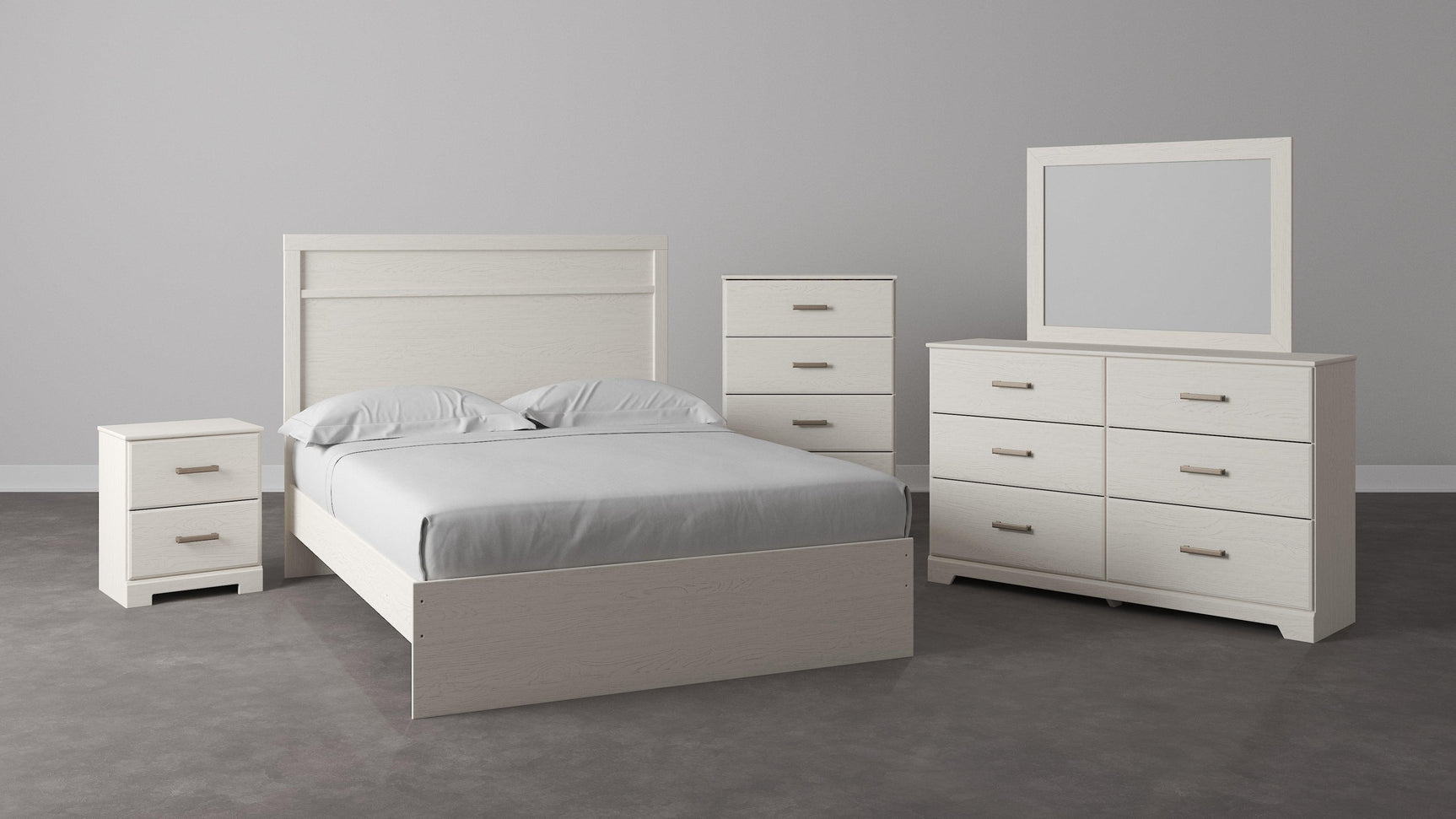 Angled side view of Stelsie White Dresser showing drawers and mirror