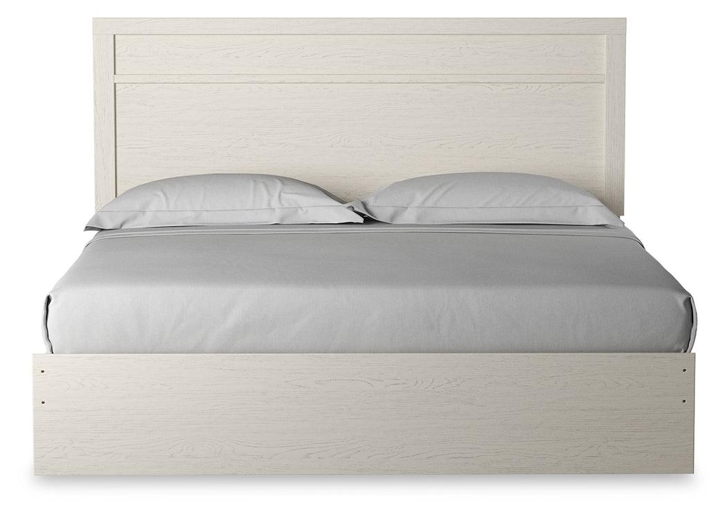 Stelsie White King Panel Bed - head-on view showcasing plank-style molding headboard