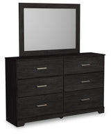 Angled closed drawers of Belachime Black dresser showing finish and hardware
