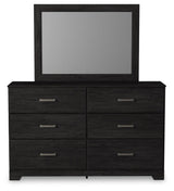 Front view of Belachime Black 6-drawer dresser with attached mirror