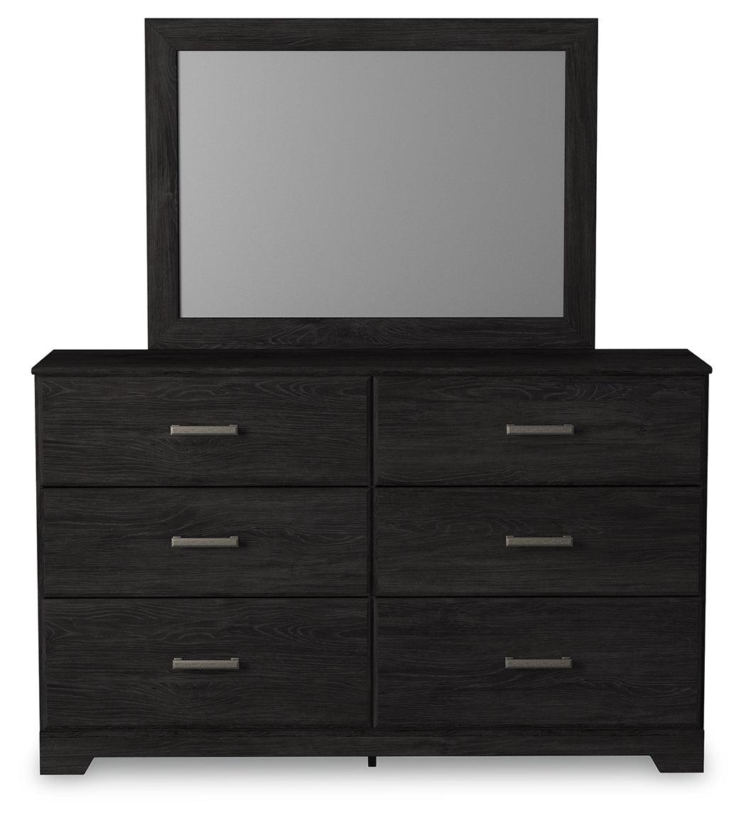 Front view of Belachime Black 6-drawer dresser with attached mirror