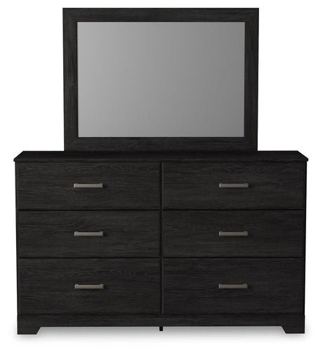 Front view of Belachime Black 6-drawer dresser with attached mirror