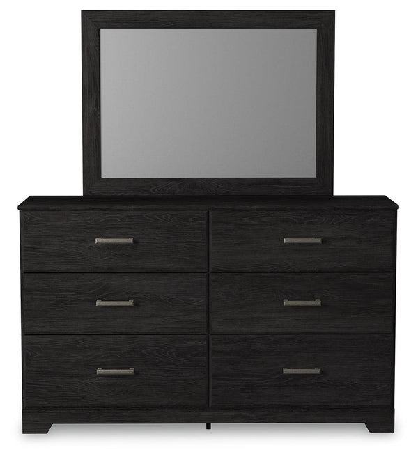 Front view of Belachime Black 6-drawer dresser with attached mirror