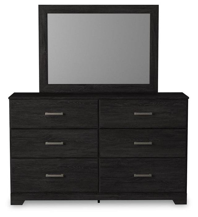 Front view of Belachime Black 6-drawer dresser with attached mirror