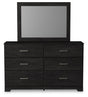 Front view of Belachime Black 6-drawer dresser with attached mirror