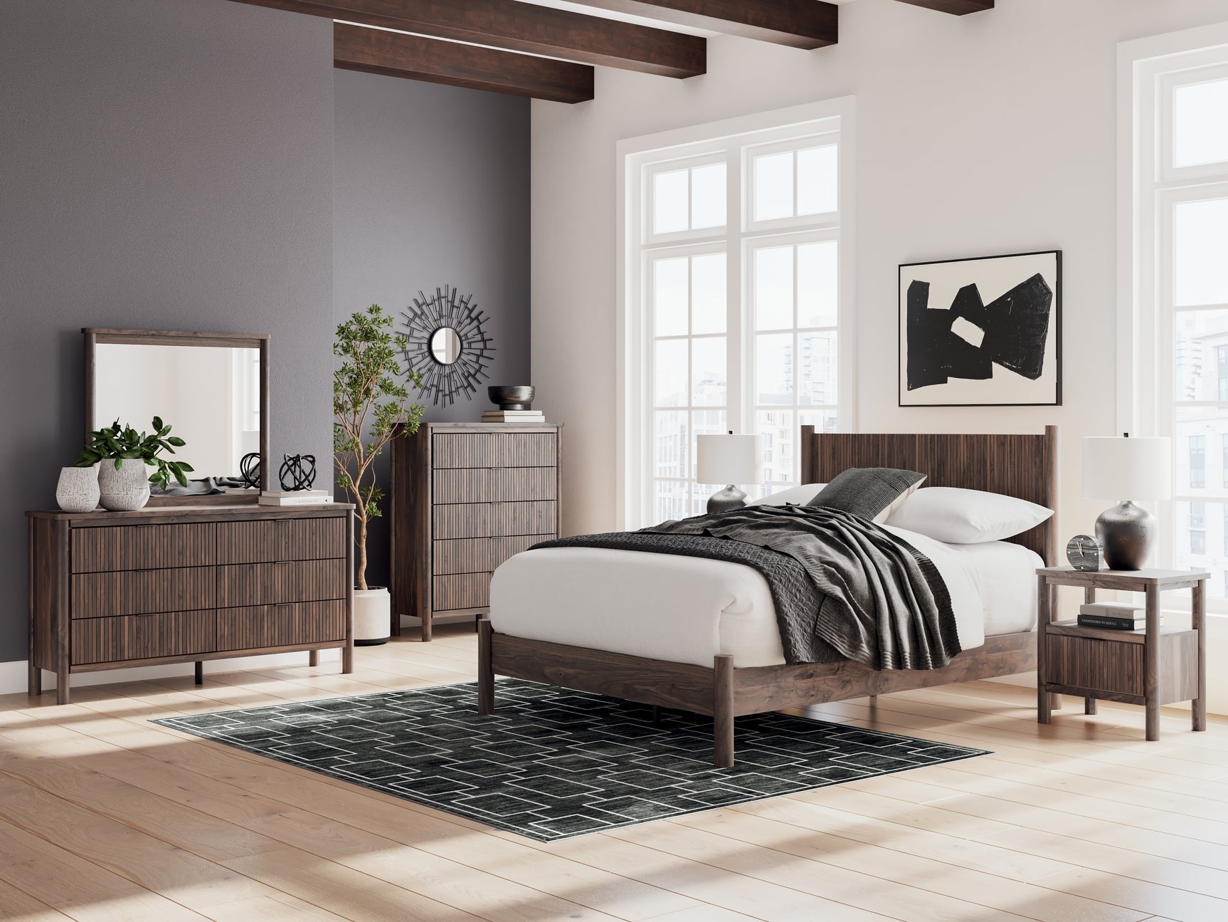 Pamytta nightstand styled in bedroom setting with bed and dresser