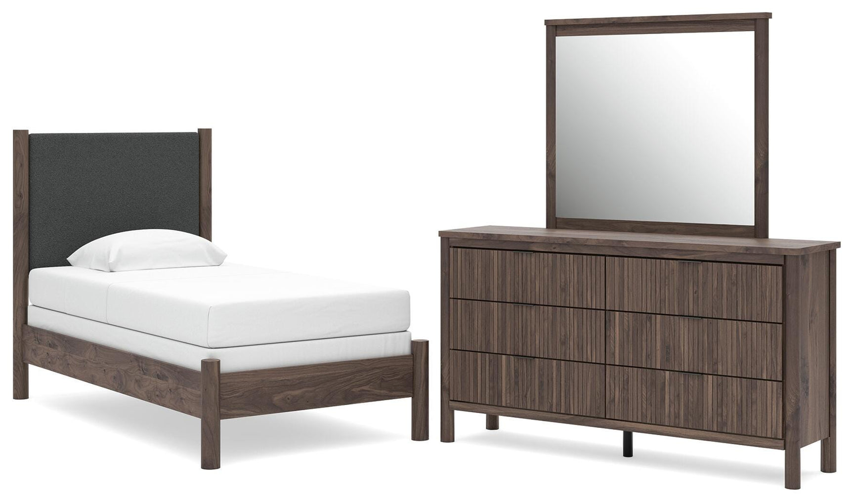 Pamytta Brown Upholstered Panel Bedroom Set Twin 3: Bed, Dresser, Mirror from Decor Furniture